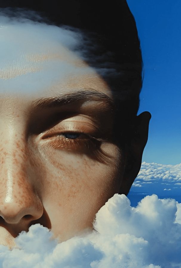 Close-up of a face surrounded by clouds