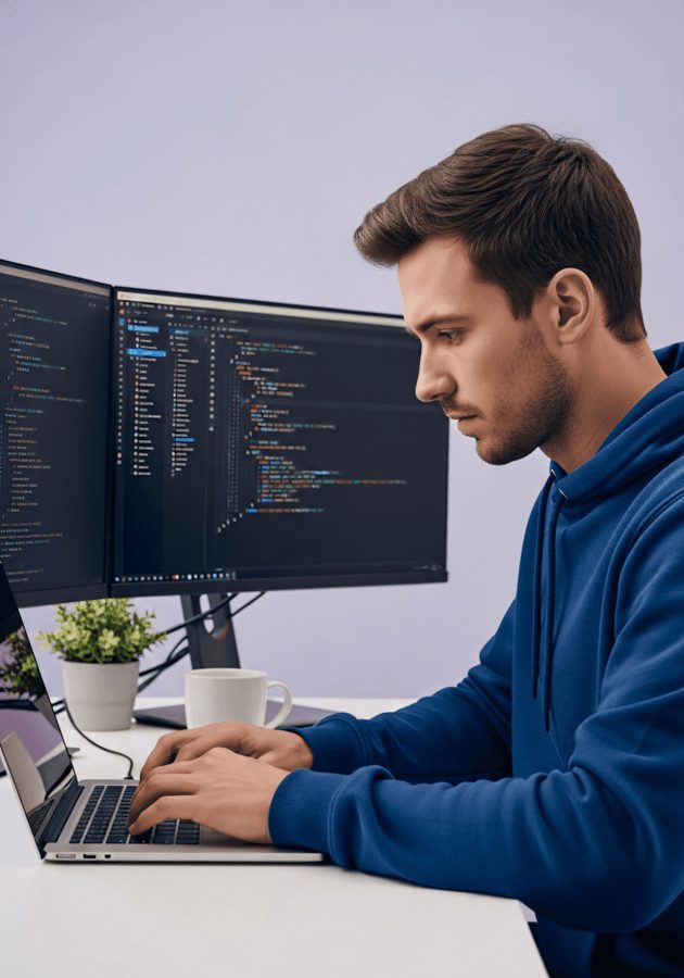 Man analyzing data across two monitors