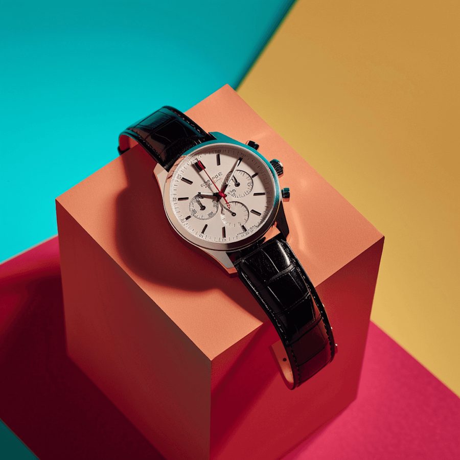 Chronograph watch on a colorful plinth